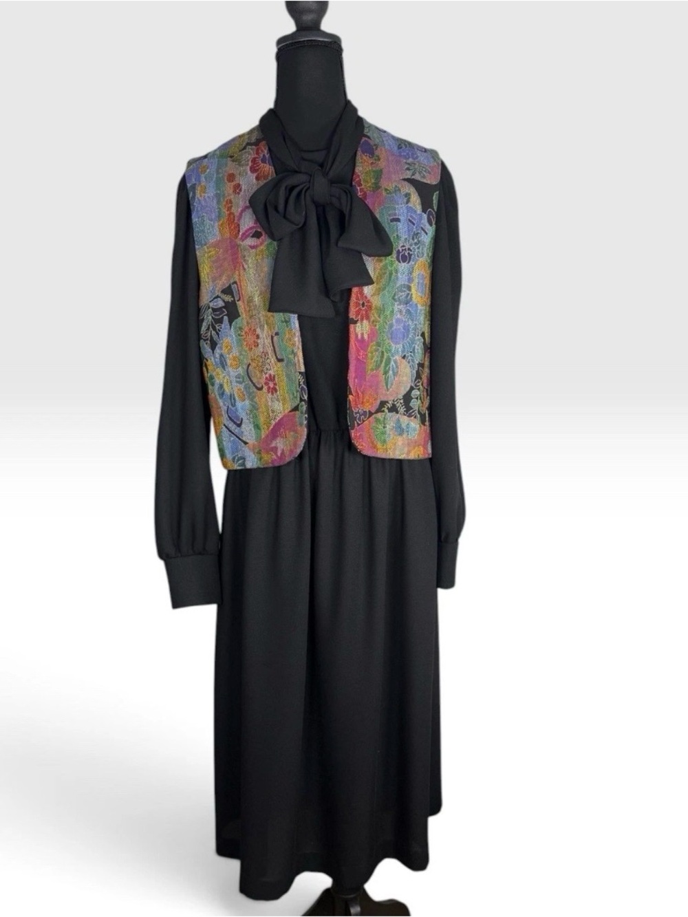 Vintage 80s Caron Chicago Black Tie Neck Maxi Dress Tapestry Vest Set Size 14